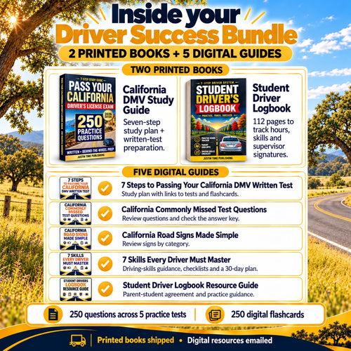 California Driver Success Bundle contents: two printed books, five digital resource guides, 250 questions across five practice tests and 250 digital flashcards.