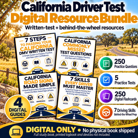 California Driver Test Digital Resource Bundle with four digital guides, 250 practice questions, five practice tests, 250 digital flashcards and seven driving skills; digital only.