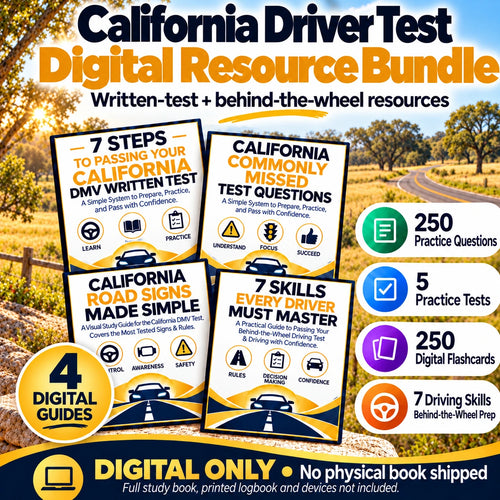 California Driver Test Digital Resource Bundle with four digital guides, 250 practice questions, five practice tests, 250 digital flashcards and seven driving skills; digital only.