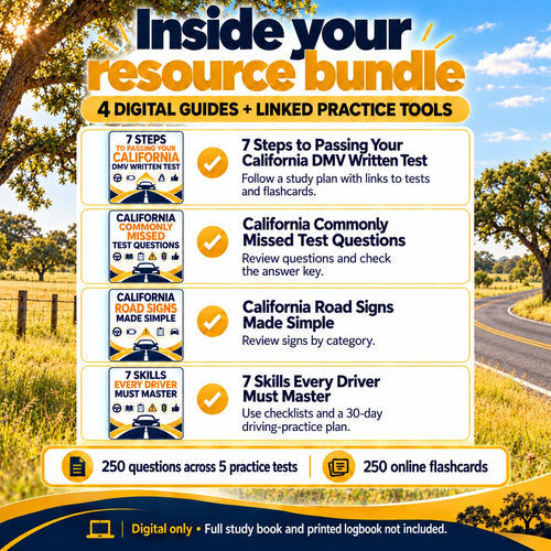 Four California digital resource guides: 7 Steps to Passing Your California DMV Written Test, California Commonly Missed Test Questions, California Road Signs Made Simple and 7 Skills Every Driver Must Master, with linked tests and flashcards.