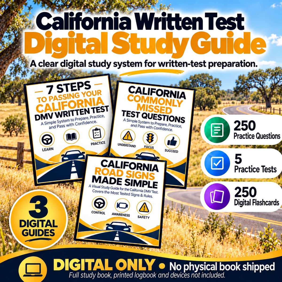 California Driver Written Test Digital Guide with three digital resource guides, 250 practice questions, five practice tests and 250 digital flashcards; digital only.