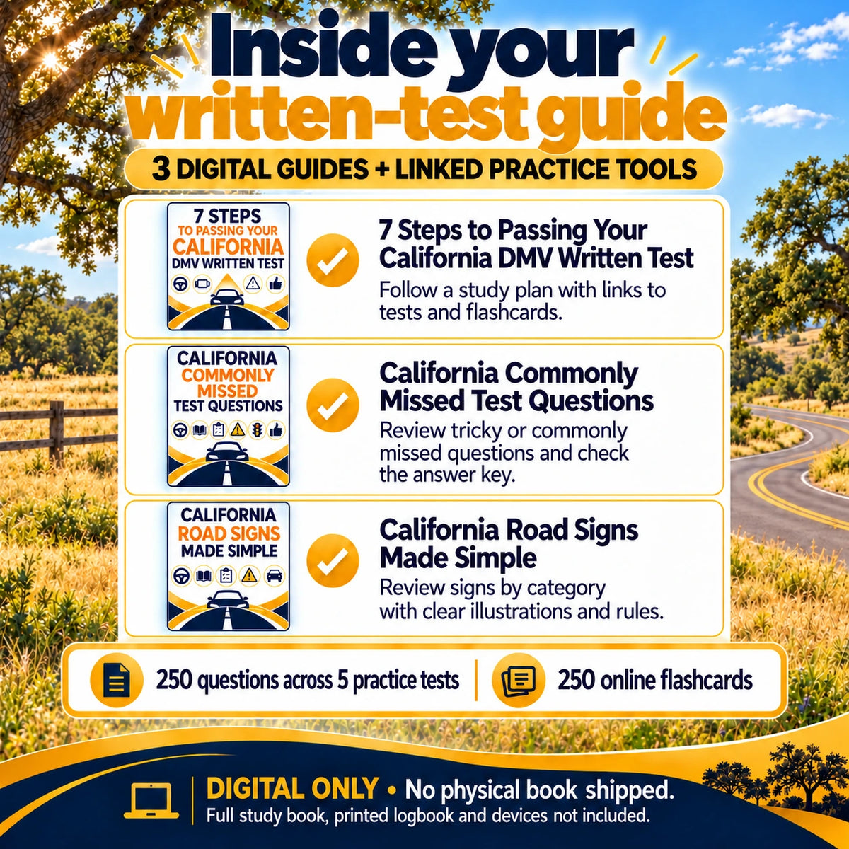 Three California written-test digital guides: 7 Steps to Passing Your California DMV Written Test, California Commonly Missed Test Questions and California Road Signs Made Simple, with linked practice tests and flashcards.
