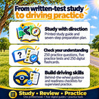 Driver Study System benefits: a printed seven-step study guide, 250 practice questions across five practice tests, 250 digital flashcards, and driving-skills guidance with readiness checklists.