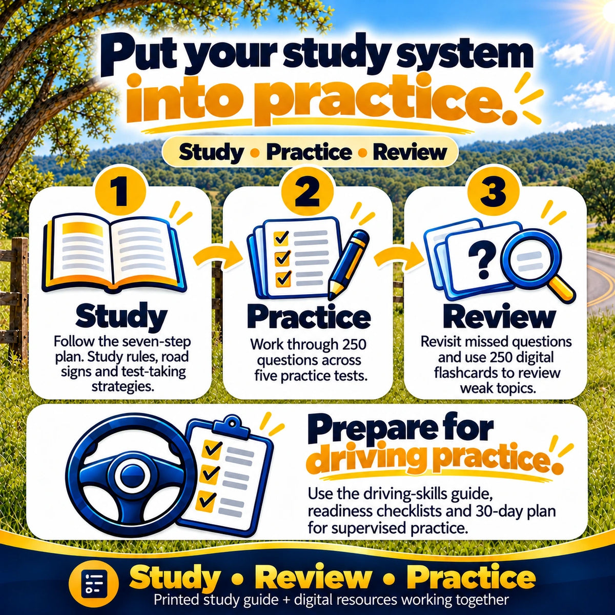 Put the Driver Study System into practice: study rules and road signs, practice with 250 questions across five tests, review weak topics with digital flashcards, and prepare for supervised driving with checklists and a 30-day plan.