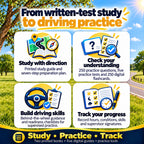 Driver Success Bundle benefits: seven-step study plan, 250 practice questions, five practice tests, 250 digital flashcards, driving-skills guidance and printed logbook progress tracking.