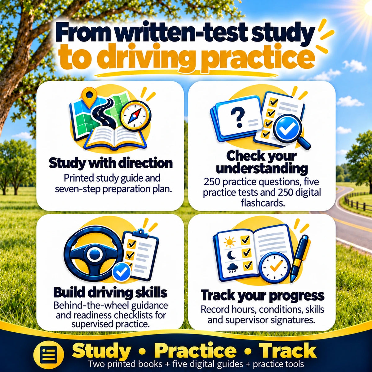 Driver Success Bundle benefits: seven-step study plan, 250 practice questions, five practice tests, 250 digital flashcards, driving-skills guidance and printed logbook progress tracking.