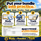 Driver Success Bundle routine: study with the seven-step plan, complete supervised driving practice, and record hours, conditions, skills and supervisor signatures in the printed logbook.