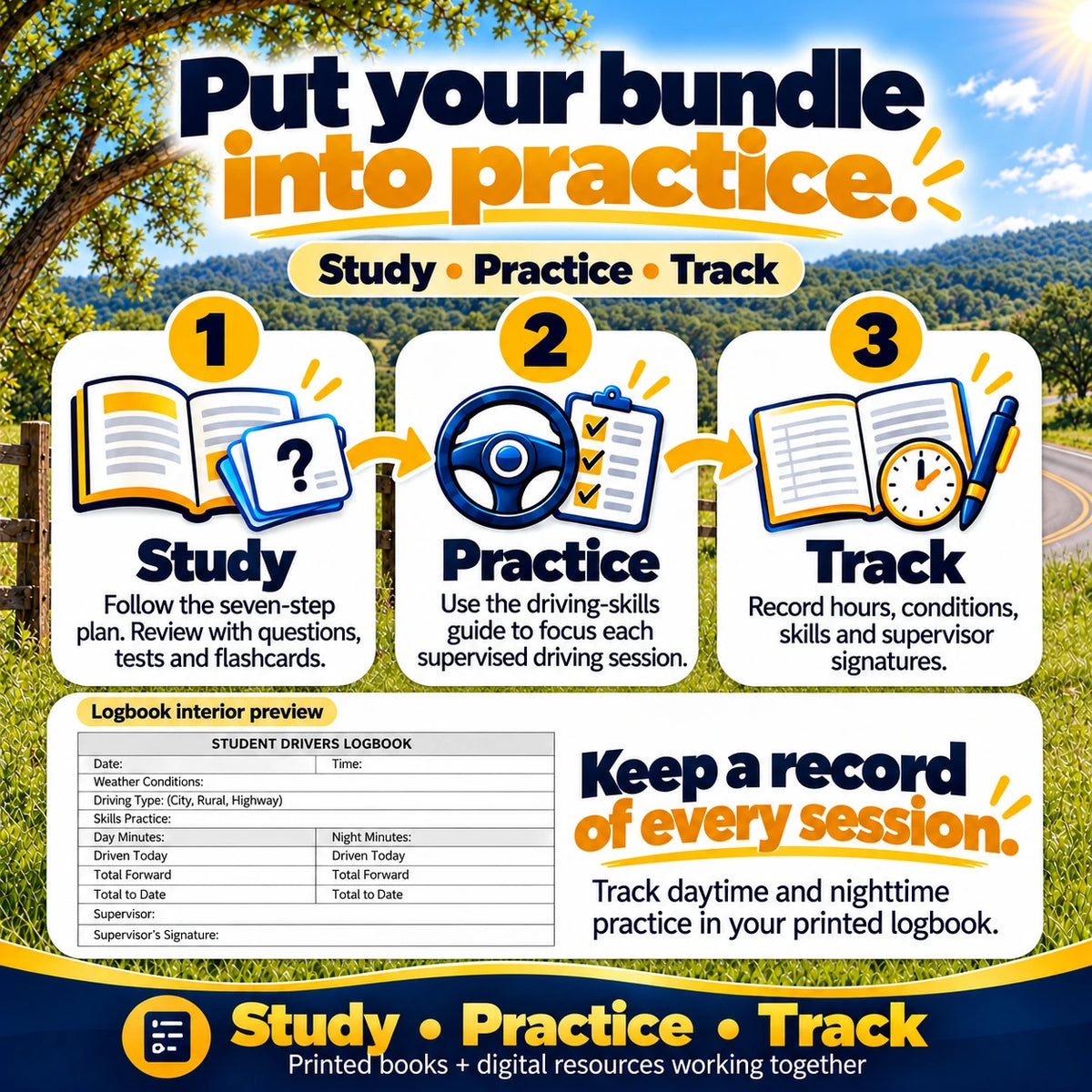 Driver Success Bundle routine: study with the seven-step plan, complete supervised driving practice, and record hours, conditions, skills and supervisor signatures in the printed logbook.