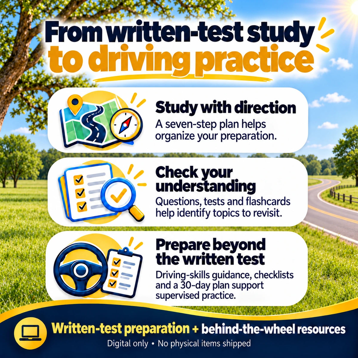 Digital resource bundle benefits: a seven-step study plan, questions, tests and flashcards to check understanding, plus driving-skills guidance, checklists and a 30-day supervised-practice plan.