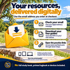 Digital resource bundle delivery: check your checkout email, download four PDF guides and open practice links. No full study book, printed logbook or devices included.