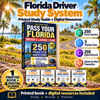 Florida Driver Study System with one printed study guide, four digital guides, 250 practice questions, five practice tests, 250 digital flashcards and behind-the-wheel preparation.
