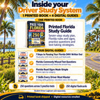 Florida Driver Study System contents: one printed study guide and four digital guides covering written-test preparation, commonly missed questions, road signs and driving skills; Student Driver Logbook sold separately.