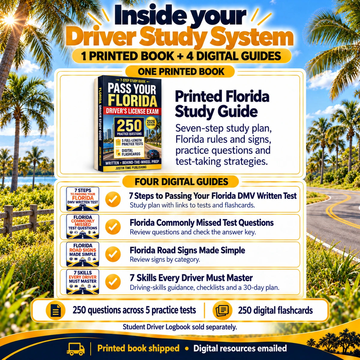 Florida Driver Study System contents: one printed study guide and four digital guides covering written-test preparation, commonly missed questions, road signs and driving skills; Student Driver Logbook sold separately.