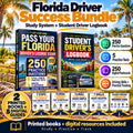 Florida Driver Success Bundle with printed DMV study guide, Student Driver Logbook, five digital guides, 250 practice questions, five practice tests and 250 digital flashcards.