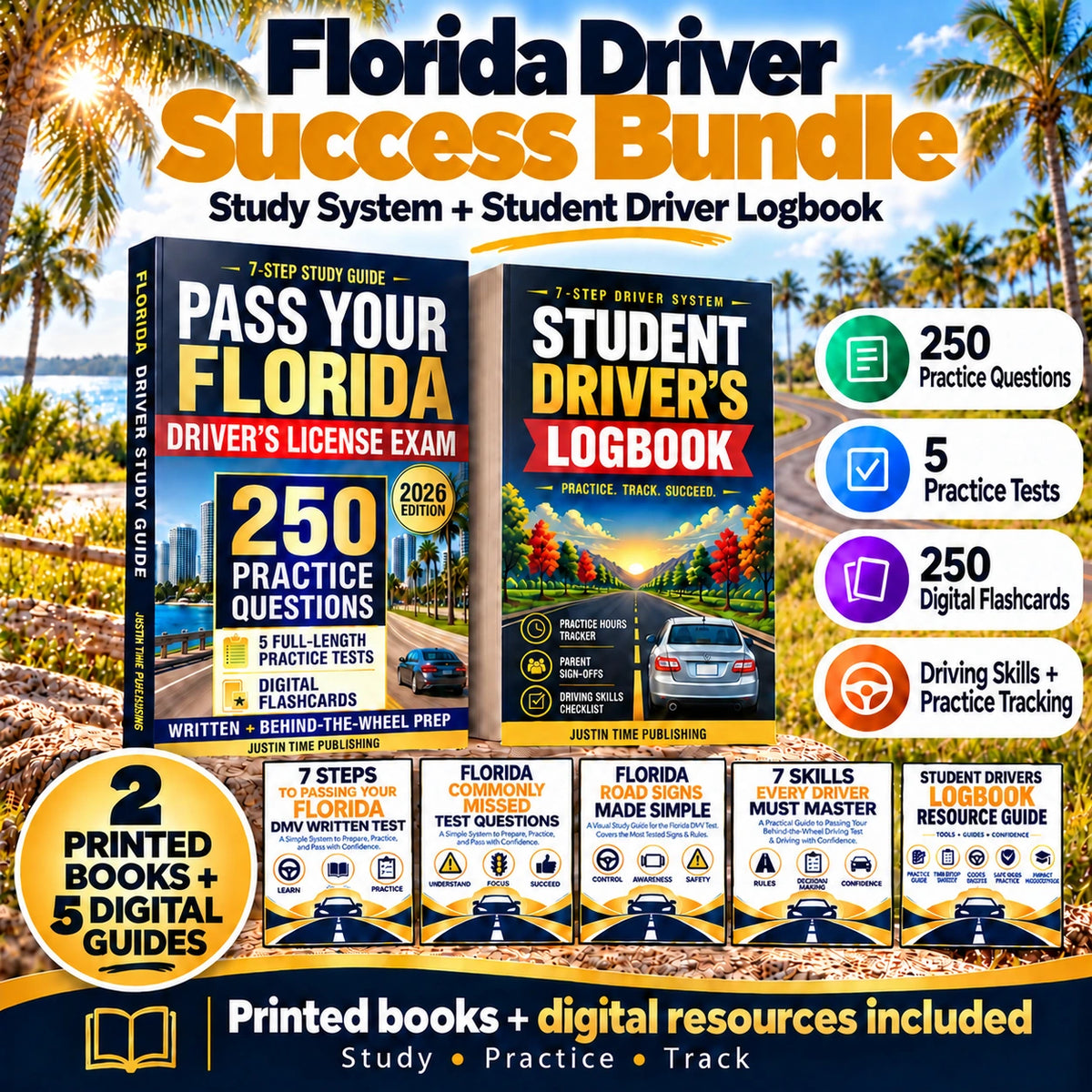 Florida Driver Success Bundle with printed DMV study guide, Student Driver Logbook, five digital guides, 250 practice questions, five practice tests and 250 digital flashcards.