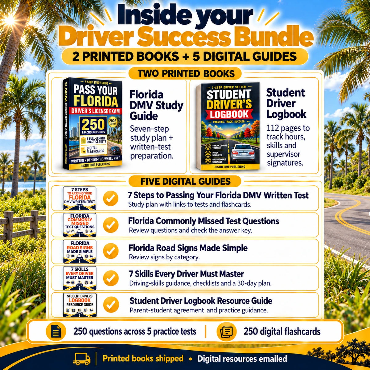 Florida Driver Success Bundle contents: two printed books, five digital guides, 250 questions across five practice tests and 250 digital flashcards.
