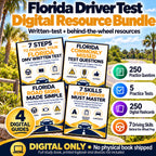 Florida Driver Test Digital Resource Bundle with four digital guides, 250 practice questions, five practice tests, 250 digital flashcards and seven driving skills; digital only.