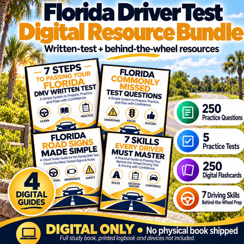 Florida Driver Test Digital Resource Bundle with four digital guides, 250 practice questions, five practice tests, 250 digital flashcards and seven driving skills; digital only.