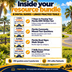 Four Florida digital resource guides: 7 Steps to Passing Your Florida DMV Written Test, Florida Commonly Missed Test Questions, Florida Road Signs Made Simple and 7 Skills Every Driver Must Master, with linked tests and flashcards.