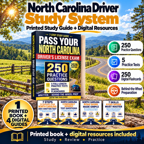North Carolina Driver Study System with one printed study guide, four digital guides, 250 practice questions, five practice tests, 250 digital flashcards and behind-the-wheel preparation.