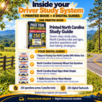 Inside the North Carolina Driver Study System: one printed study guide and four digital guides for written-test preparation, commonly missed questions, road signs and driving skills. Printed book shipped; digital resources emailed. Student Driver Logbook sold separately.