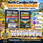 North Carolina Driver Success Bundle with printed DMV study guide, Student Driver Logbook, five digital guides, 250 practice questions, five practice tests and 250 digital flashcards.