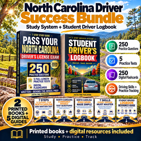 North Carolina Driver Success Bundle with printed DMV study guide, Student Driver Logbook, five digital guides, 250 practice questions, five practice tests and 250 digital flashcards.