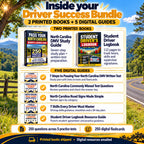 North Carolina Driver Success Bundle contents: two printed books, five digital guides, 250 questions across five practice tests and 250 digital flashcards.