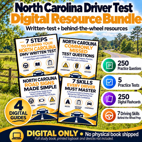 North Carolina Driver Test Digital Resource Bundle with four digital guides, 250 practice questions, five practice tests, 250 digital flashcards and seven driving skills; digital only.