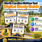 North Carolina Driver Written Test Digital Guide with three digital resource guides, 250 practice questions, five practice tests and 250 digital flashcards; digital only.