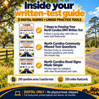 Three North Carolina written-test digital guides: 7 Steps to Passing Your North Carolina DMV Written Test, North Carolina Commonly Missed Test Questions and North Carolina Road Signs Made Simple, with linked practice tests and flashcards.