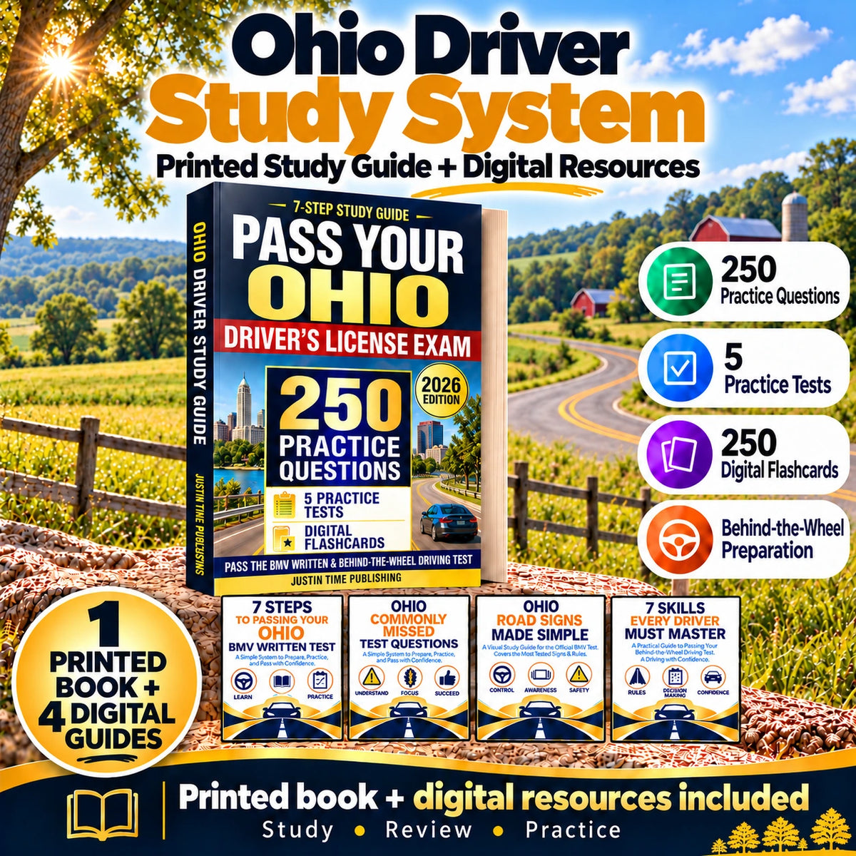 Ohio Driver Study System with one printed study guide, four digital guides, 250 practice questions, five practice tests, 250 digital flashcards and behind-the-wheel preparation.