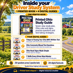 Inside the Ohio Driver Study System: one printed study guide and four digital guides for written-test preparation, commonly missed questions, road signs and driving skills. Printed book shipped; digital resources emailed. Student Driver Logbook sold separately.