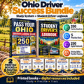 Ohio Driver Success Bundle with printed BMV study guide, Student Driver Logbook, five digital guides, 250 practice questions, five practice tests and 250 digital flashcards.