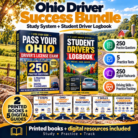 Ohio Driver Success Bundle with printed BMV study guide, Student Driver Logbook, five digital guides, 250 practice questions, five practice tests and 250 digital flashcards.
