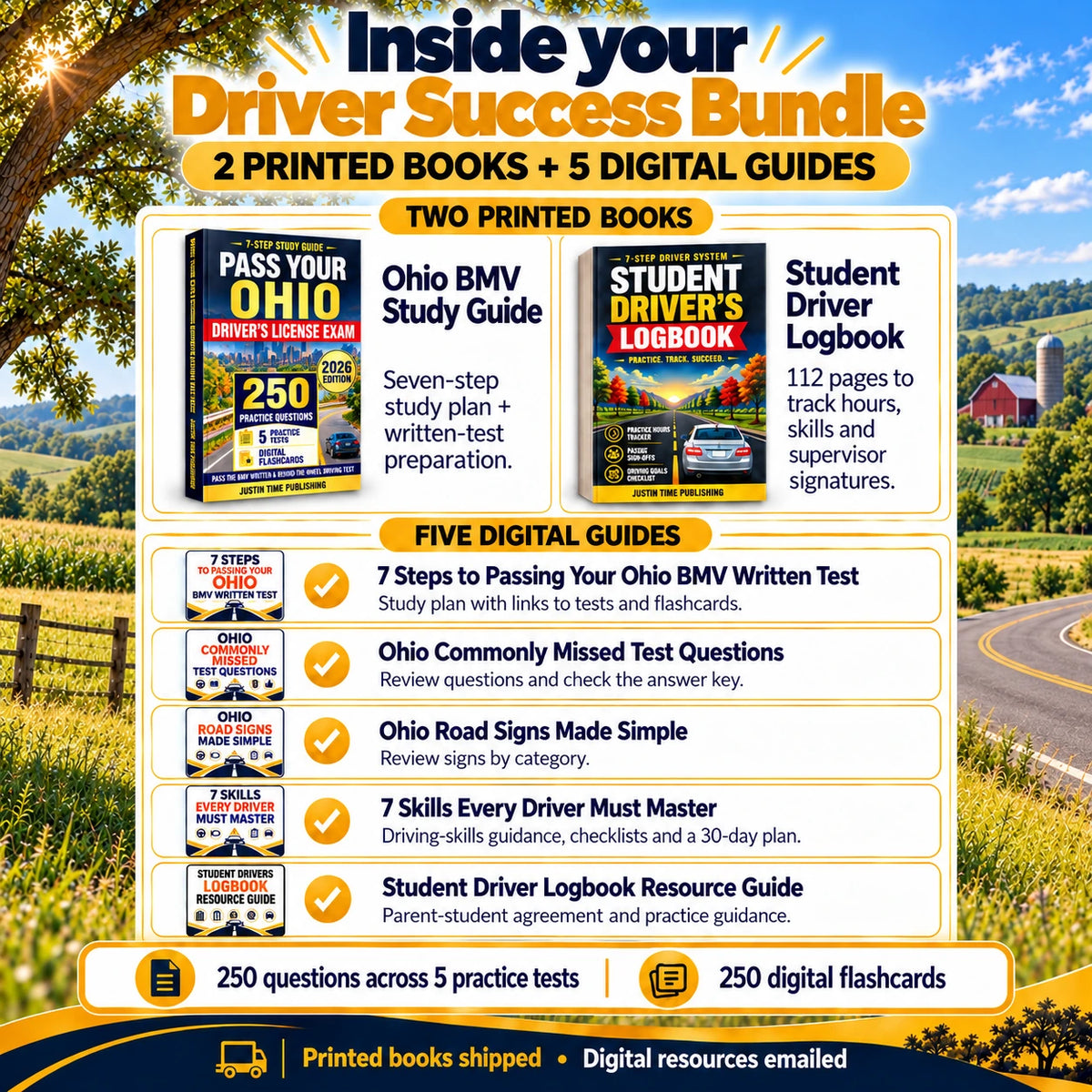 Ohio Driver Success Bundle contents: two printed books, five digital guides, 250 questions across five practice tests and 250 digital flashcards.