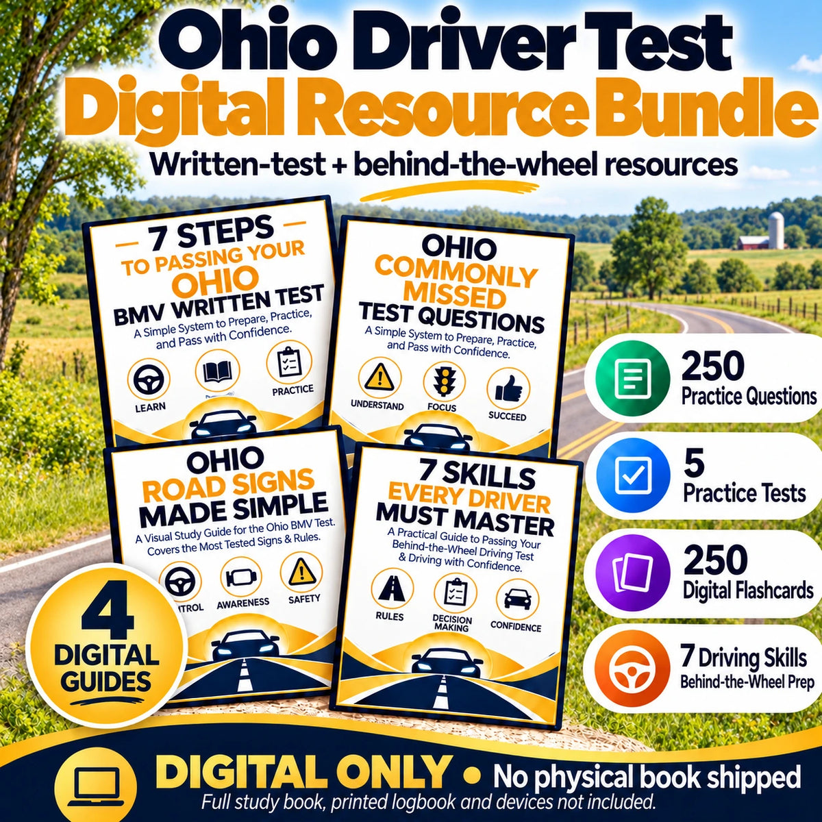 Ohio Driver Test Digital Resource Bundle with four digital guides, 250 practice questions, five practice tests, 250 digital flashcards and seven driving skills; digital only.
