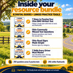Four Ohio digital resource guides: 7 Steps to Passing Your Ohio BMV Written Test, Ohio Commonly Missed Test Questions, Ohio Road Signs Made Simple and 7 Skills Every Driver Must Master, with linked tests and flashcards.