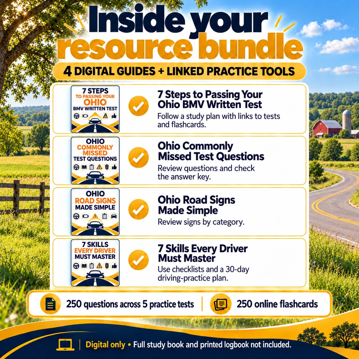 Four Ohio digital resource guides: 7 Steps to Passing Your Ohio BMV Written Test, Ohio Commonly Missed Test Questions, Ohio Road Signs Made Simple and 7 Skills Every Driver Must Master, with linked tests and flashcards.