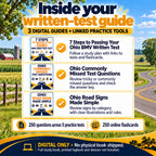 Three Ohio written-test digital guides: 7 Steps to Passing Your Ohio BMV Written Test, Ohio Commonly Missed Test Questions and Ohio Road Signs Made Simple, with linked practice tests and flashcards.