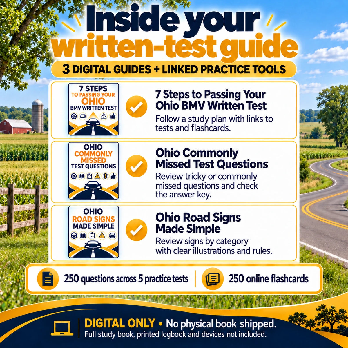 Three Ohio written-test digital guides: 7 Steps to Passing Your Ohio BMV Written Test, Ohio Commonly Missed Test Questions and Ohio Road Signs Made Simple, with linked practice tests and flashcards.