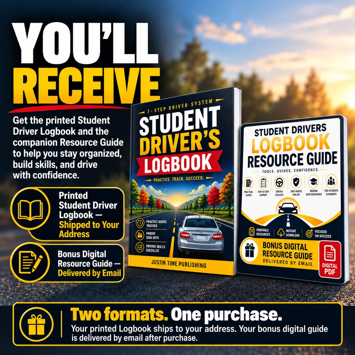 Student Driver Logbook and bonus digital PDF guide; printed paperback shipped and guide delivered by email