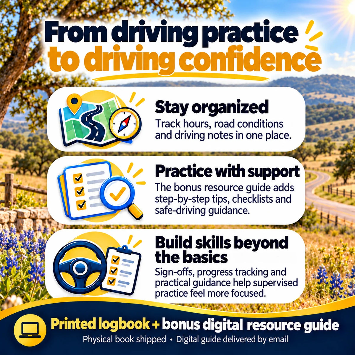 Student Driver Logbook benefits: organize driving hours, practice with resource guide support and track supervised driving progress