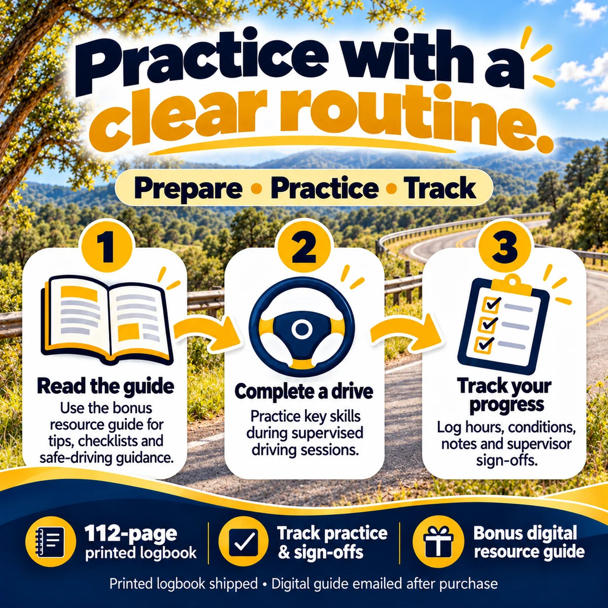 Student Driver Logbook practice routine: read guide, complete supervised driving and track hours and progress