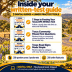 Three Texas DPS written-test digital resource guides: 7 Steps to Passing Your Texas DPS Written Test, Texas Commonly Missed Test Questions, and Texas Road Signs Made Simple, with 250 practice questions, five tests, and 250 online flashcards.