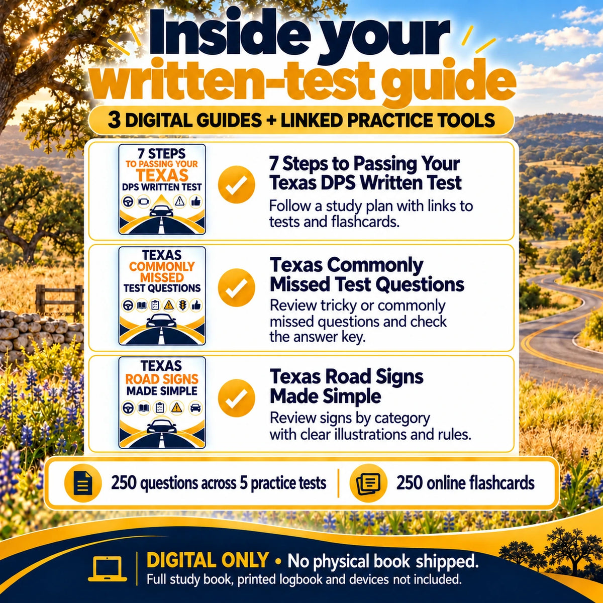 Three Texas DPS written-test digital resource guides: 7 Steps to Passing Your Texas DPS Written Test, Texas Commonly Missed Test Questions, and Texas Road Signs Made Simple, with 250 practice questions, five tests, and 250 online flashcards.
