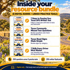 Four Texas digital resource guides: 7 Steps to Passing Your Texas DPS Written Test, Texas Commonly Missed Test Questions, Texas Road Signs Made Simple and 7 Skills Every Driver Must Master.