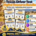 Texas Driver Test Digital Resource Bundle with four digital guides, 250 practice questions, 5 practice tests, 250 digital flashcards and 7 driving skills.