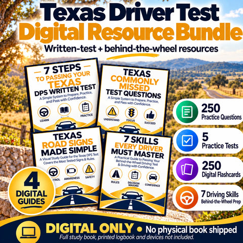 Texas Driver Test Digital Resource Bundle with four digital guides, 250 practice questions, 5 practice tests, 250 digital flashcards and 7 driving skills.