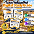 Texas Driver Written Test Digital Guide with three digital resource guides, 250 practice questions, five practice tests and 250 digital flashcards; digital only.